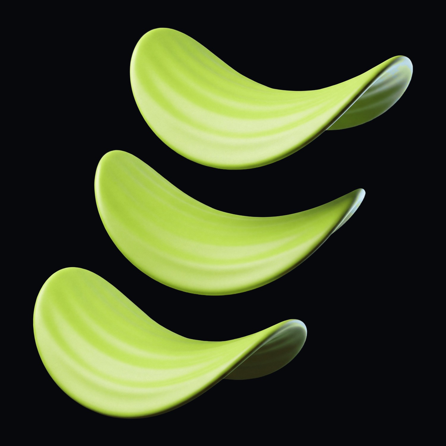 Three lime-green saddle crisps floating against black